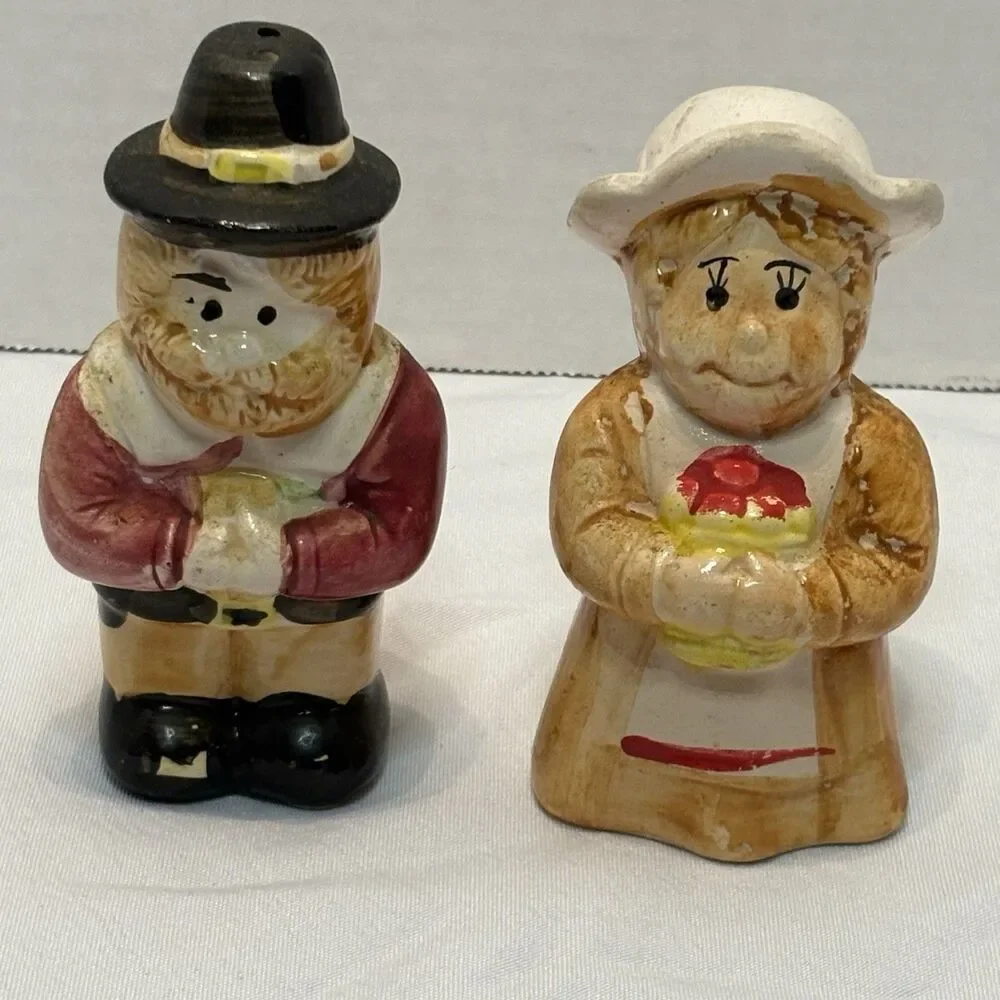Vintage Pilgrim Salt And Pepper Shakers Man Woman Porcelain 4.25 in multicolor